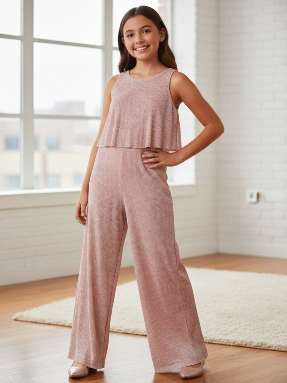 Zunie Kids Metallic Plisse Jumpsuit Pink Size 16 Party Formal Flawed